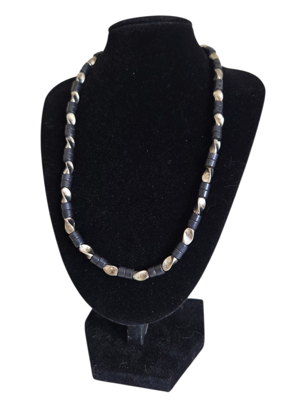 vintage matte black cylinder tube bead spiral twist silver necklace choker 16